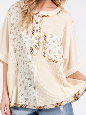 #193-35 POL New Cream Floral Plaid-Trim Button Henley Tunic